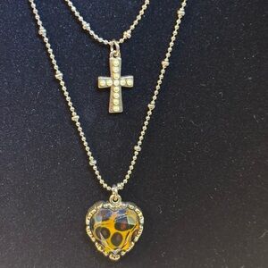 Betsey Johnson Double Layered Gold Tone Cross Leopard Heart Ball Bead 19" Chain